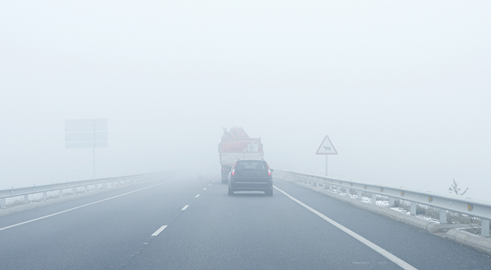 Vehículos circulando con niebla densa en carretera