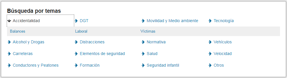 La imagen muestra los apratados disponibles en Búsqueda por temática.
