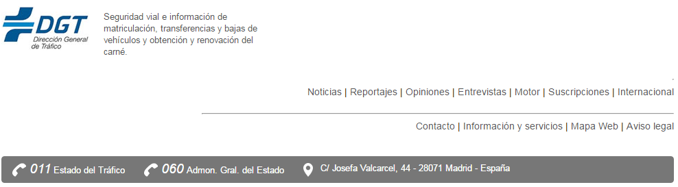 Presenta información realcionada con la DGT, datos de contacto, mapa web, etc.